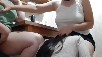 While our housekeeper went out to the store, the cleaning lady took turns licking our stepsister and my pussies - Lesbian Illusion Girls