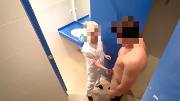 I surprise the gym cleaning girl who when she comes in to clean the toilet she catches me jerking off and helps me finish cumming with a blowjob