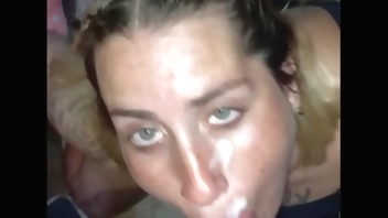 little bitch sucks it all and receives all the milk on her face