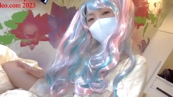 Nana thrusts hard in cowgirl position! Heavenly course of handjob ejaculation with angel cosplay rainbow wig