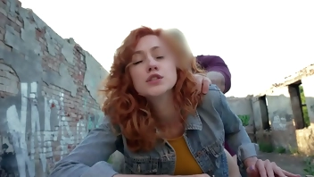 Public Agent Sexy redhead waitress sucks cock and gets fucked doggystyle outside in public