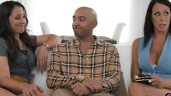 Stepaunt and stepmom MILFs put their black stepson to work for them