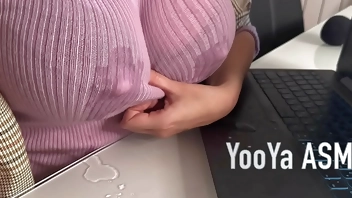 Hot Step Mother Seduces Step Son in the office, shows him milky nipples and Makes big cock Handjob