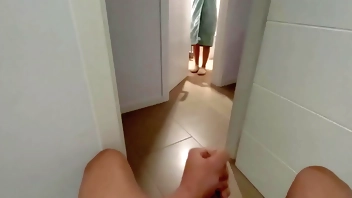 I surprise my stepsister at the bathroom door giving me a handjob and she gives me a blowjob until I finish cumming