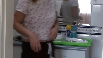 Stepson shows me his cock and jerks off while I masturbate and moan with pleasure