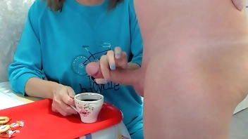 Milf granny drinks coffee with cum taboo ,big dick huge load