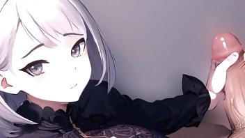 Anime girl jerking off a big cock in pov