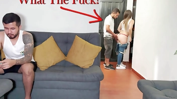 My cuckold husband plays with his cell phone while I fuck with his best friend...