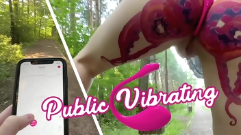 Stepbrother remotely turns on lovense lush vibrator in his stepsister's pussy to maximum in public park outside