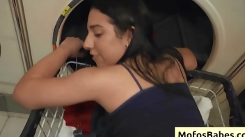 Cutie teen slut Nikki Mars with perfect nice round butt fucks huge dick at the laundromat