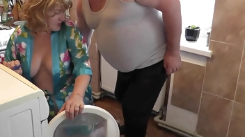 Old and young. Hard sex. Sexy blonde MILF Frina decided to wash clothes and underwear. At this time her old neighbor with an erect dick came into kitchen, stuck Milf head in washing machine, fucked pussy Milf doggy style and cum in pussy. Cumshot