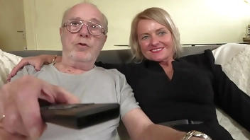 Blonde posh cougar in group sex while grandpa watches
