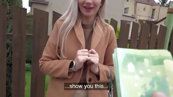 Public Agent Cute blonde flashes her perky titties for cash and fucks huge cock in a basemant
