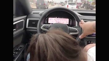 White girl giving me a blowjob while driving on the freeway