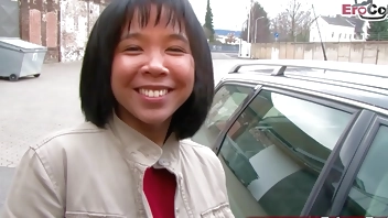 German Asian young woman next door approached on the street for orgasm casting