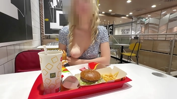 Hot blonde flashes and masturbates big pumped pussy in public restaurant