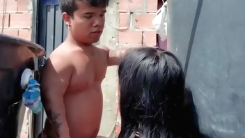 On the roof is the dwarf repairing the tank and his stepsister arrives to seduce him to fuck her