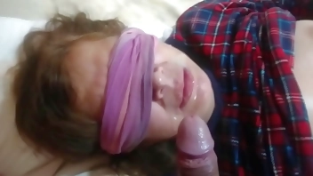 Stepson passes his huge cock through my mouth, it makes me aroused, I suck it and he cums in my mouth