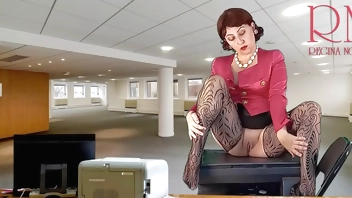 Naked secretary seduces her boss, shows her pussy, tits and masturbating her cunt.