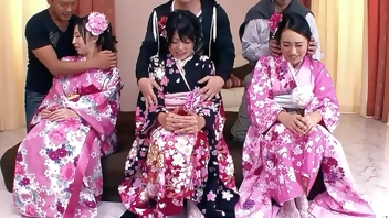 Rare Japanese Orgy with three cute JAV Teens with Hairy Pussy