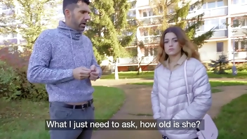 Public Agent Tight Spanish babe gives blowjob and fuck behind husbands back