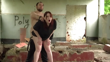 Bull cums in cuckold wife on an abandoned building