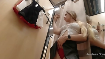 Open curtain of fitting room is my fetish. Flashing in mall. Try on.