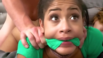 Black stepdaughter gets fucked by her stepdad while her friend's in the bed with them